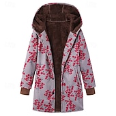 preiswerte Fleece-Futterjacken-Damen Wintermantel Mantel Kapuzenjacke Warm Bequem Tasche Knöpfe Lässig Blumen Urlaub Ausgehen Wochenende Regulär Kapuzenpullover Normale Passform Langarm Oberbekleidung Weiß Gelb Rote Herbst Winter