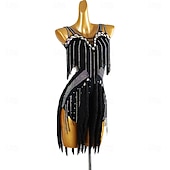 cheap Competition Dress-Women's Black Fringe Latin Dance Dress with Rhinestone Detailing, Sleeveless, and Crisscross Straps – Perfect for Salsa, Rumba, and Performance Wear