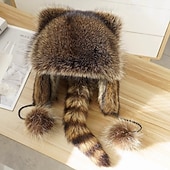 お買い得  暖房と冷房-冬用のかわいいアライグマのぬいぐるみ帽子、耳あて付きの暖かいトラッパーハット、子供と大人用のフェイクアライグマの毛皮のウシャンカアビエイターハット