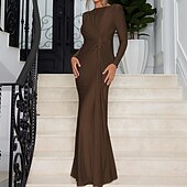 abordables Robe de cocktail-Femmes Robe Longue Maxi Robe Robe de Bal Robe de Soirée Robe en Satin Élégant Moderne Soirée Occasion Spéciale Coupe régulière Uni manche longue Col ras du cou Noir Rose Claire Rouge Bleu Roi Automne