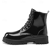 abordables Botas de combate-Botas con cordones para hombre de piel negra brillante con suela gruesa: imprescindibles para motociclistas, entusiastas del rock, estilo urbano informal y moda actual.