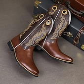 levne Cowboy &amp; Western Boots-Pánské kovbojské boty z vyšívané imitace kůže – klasické westernové jezdecké boty s prošívaným designem pro outdoor, country tanec a běžné nošení