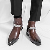 levne Dámské boty-Pánské hnědé chelsea boty z umělé kůže s řetízkovým akcentem, elegantní a moderní vzhled pro formální kancelářské oblečení, večírky a večerní vycházky.