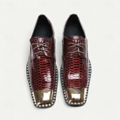 baratos Sapatos Sociais Elementares-Sapatos sociais masculinos de couro legítimo bordô com estampa de cobra e cadarço e biqueira de metal – sapatos da moda para banquetes e coquetéis