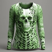 cheap Halloween T Shirt-Halloween Women&#039;s T Shirt Graphic Skull Skeleton Vintage Fashion Stylish Long Sleeve Crew Neck Round Neck Regular Tops Daily Weekend Print Red Purple Green Gray Summer Spring Fall
