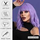 billiga Festperuker-Purple Wig with Bangs Soft Short Bob Wavy Wigs for Women Synthetic Shoulder Length Women's Curly Wigs for Halloween Costumes Cosplay Daily