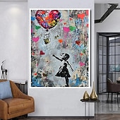 cheap Street Art-Girl Graffiti oil painting hand painted pop art painting Famous Canvas   Girl Artwork painting   Balloon Canvas painting wall Decoration  artwork painting