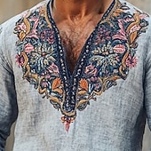 baratos Férias-Homens Camisa de linho camisa de verão camisa vintage Camisa étnica Camisa de manga longa Bordado Férias Rua Azul Manga Longa Decote V Verão Primavera Roupa Cavaleiro medieval
