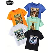 billiga Pojkens 3D-djur-5 st. kortärmade sommar-t-shirts för pojkar, avslappnade rundhalsade toppar i blandade färger, lekfull grafisk design, bekväm passform - krokodil cappuccino tral haj dong dong kokosnöt elefant
