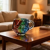 abordables Mugs et tasses-Mug à dés arc-en-ciel D20, tasse à café à dés polyédriques avec anse, mug de jeu en verre transparent pour les amateurs de RPG, mugs de soirée de jeu pour les amateurs de fantasy