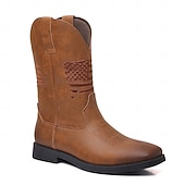 economico Stivali da cowboy e occidentali-stivali da lavoro da cowboy da uomo con bandiera americana in rilievo - stivali western in similpelle marrone resistente con suola robusta per abbigliamento casual e all&#039;aperto
