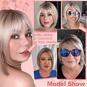 رخيصةأون باروكات الحفلات-باروكة شعر أشقر رمادي قصير للنساء ذوات البشرة البيضاء، باروكة شعر صناعية بروتينية بطول 12 بوصة، مقاومة للحرارة، مظهر طبيعي، شعر مستعار خفيف الوزن للاستخدام اليومي