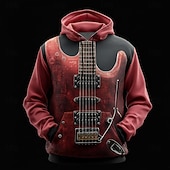 abordables Motif 3D-Homme Illusion d&#039;optique Guitare Sweat à capuche Sweatshirt Mode Frais Col ras du cou Maison Soirée Vêtements de rue Blanche Rouge Cordon de serrage Automne Hiver Designer