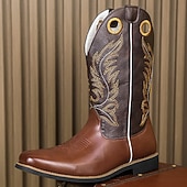 levne Cowboy &amp; Western Boots-Pánské kovbojské boty z vyšívané imitace kůže – klasické westernové jezdecké boty s prošívaným designem pro outdoor, country tanec a běžné nošení
