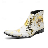 economico Stivali in pelle di alta qualità-stivali western da uomo con motivo floreale bianco e design allacciato: calzature di tendenza per uomini alla moda, perfette per feste e spettacoli