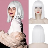 tanie Peruki imprezowe-Fioletowa peruka typu bob z grzywką, krótka, prosta, ciemnofioletowa peruka typu bob dla kobiet, do ramion, syntetyczna, odporna na ciepło, z płaską grzywką, na co dzień, na imprezę, cosplay,