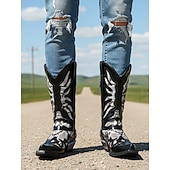 botas masculinas estilo cowboy gótico - botas western de couro sintético de cobra preta e prata com design de recorte de chamas e salto de metal para eventos de rock, motociclistas e festas baratos Cowboy & Western Boots-botas masculinas estilo cowboy gótico - botas western de couro sintético de cobra preta e prata com design de recorte de chamas e salto de metal para eventos de rock, motociclistas e festas