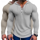 billige Vaffelstrikket T-skjorte-Herre Vaffelskjorte T skjorte T-skjorte Langermet skjorte Langermet Med hette Vår &amp; Vinter Alle årstider عادي Mote Designer Grunnleggende 2 deler Knapper Feriereise Gate Avslappet Army Green + Grey
