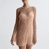 olcso Flitteres ruhák-Női Mini ruha Flitteres ruha hétköznapi ruha Koktélruha ruhakészlet Divat Modern Napi Tengerpart Hétvége Normál Sima Hosszú ujj Terített nyak Fekete Fehér Sötétzöld Sárgabarack Nyár Tavasz