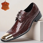 baratos Sapatos Sociais Elementares-Sapatos sociais masculinos de couro legítimo bordô com estampa de cobra e cadarço e biqueira de metal – sapatos da moda para banquetes e coquetéis