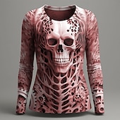 cheap Halloween T Shirt-Halloween Women&#039;s T Shirt Graphic Skull Skeleton Vintage Fashion Stylish Long Sleeve Crew Neck Round Neck Regular Tops Daily Weekend Print Red Purple Green Gray Summer Spring Fall