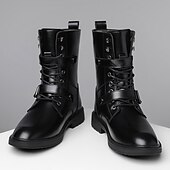 tanie Buty bojowe-czarne, męskie, sznurowane buty bojowe ze sztucznej skóry z wytrzymałą podeszwą, masywnym designem i wojskowym stylem – idealne dla motocyklistów, miłośników mody punkrockowej i osób lubiących swobodny wypoczynek