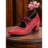  リボン付き1950年代風のブラックメリージェーンヒール。レトロなカットアウトのチャンキーヒールパンプス。デイリーヴィンテージウェアやスイングダンスに最適です。