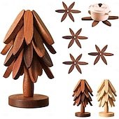 abordables Décoration de Table et de Salle à Manger-ensemble de dessous de plat en bois naturel, 3/4/5 dessous de plat en bois &amp;1 support comme un sapin de Noël, dessous de plat de cuisine pliable naturel pour casseroles, poêles, bols &amp;théières