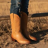 levne Cowboy &amp; Western Boots-pánské hnědé westernové kovbojské boty z umělé kůže s klasickou výšivkou - odolné a stylové rodeo boty pro country a outdoorové nošení