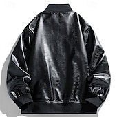 cheap Faux Leather Jackets-Men's Faux Leather Jacket Biker Jacket Motorcycle Jacket Vacation Daily Windproof Pocket Spring Fall Plain Fashion Classic Stand Collar Regular Black Red Jacket