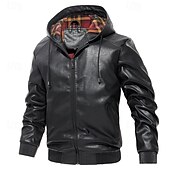 economico Giacca in ecopelle-Per uomo Giacca in Ecopelle Giacca da Moto Vacanza Quotidiano Antivento Caldo Tasca Autunno &amp; Inverno Semplice Moda Classico Con Cappuccio Regolare Nero Vino Marrone Giacca
