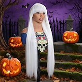 お買い得  パーティーウィッグ-人工毛ウィッグ ストレート ナチュラルストレート ミドル部 ニートバング かつら 非常に長いです ホワイト 合成 36 インチ 女性用 ソフト 快適 白