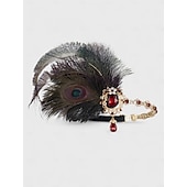 رخيصةأون إكسسوارات تنكرية-مجموعة مجوهرات نسائية من طراز جاتسبي فلابر من عشرينيات القرن العشرين - عصابة رأس من ريش الطاووس، سوار من اللؤلؤ، أقراط، قلادة، وقفازات للحفلات الكلاسيكية والملابس المسائية