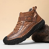 baratos Botas de cano curto-Botas masculinas de couro sintético genuíno marrom para caminhadas ao ar livre com sola antiderrapante – calçado casual para viagem e aventura