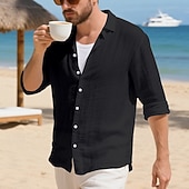preiswerte Baumwoll-Leinenhemd-Herren Hemd Leinenhemd Freizeithemd Knopfhemd Baumwollhemd Einfach Urlaub Hawaiianisch Schwarz Weiß Gelb Marineblau Langarm Revers Frühling Herbst Bekleidung
