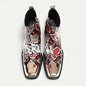 メンズの赤と黒のヘビ柄レザーブーツ - 結婚式、ギャツビーパーティー、イブニングドレスに最適な、メタルキャップ付きのエキゾチックな尖ったつま先アンクルブーツ お買い得  プレミアムレザーブーツ-メンズの赤と黒のヘビ柄レザーブーツ - 結婚式、ギャツビーパーティー、イブニングドレスに最適な、メタルキャップ付きのエキゾチックな尖ったつま先アンクルブーツ