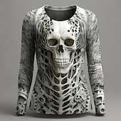 cheap Halloween T Shirt-Halloween Women&#039;s T Shirt Graphic Skull Skeleton Vintage Fashion Stylish Long Sleeve Crew Neck Round Neck Regular Tops Daily Weekend Print Red Purple Green Gray Summer Spring Fall