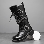 cheap Biker Boots-Men's Punk Gothic Combat Boots – Black Lace-Up Mid-Calf Boots with Buckle Straps, Spiked Studs, and Heavy Duty Sole for Halloween, Cosplay and Nightlife Parties