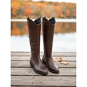 abordables Bottes de cheval-Bottes d&#039;équitation pour femmes jusqu&#039;aux genoux avec languettes de traction, design confortable à enfiler à talon bas, chaussures de mode de style western classique pour une tenue décontractée