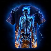 voordelige schedel &amp; botten-Halloween Voor heren 3D Print Hellevuurvlammen 3D Skelet T-shirt Korte mouw T-shirt 3D-afdrukken Strakke ronde hals Overhemd overdreven Ontwerper Verschrikking Feest Straat Feestdagen blauw Oranje