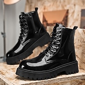 abordables Botas de combate-Botas con cordones para hombre de piel negra brillante con suela gruesa: imprescindibles para motociclistas, entusiastas del rock, estilo urbano informal y moda actual.