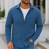 economico camicia da uomo con bottoni-Per uomo Camicia Camicia a nido d&#039;ape Camicia Estiva Camicia casual Camicia con Bottoni Nero Borgogna Blu Verde Kaki Manica Lunga Semplice Testurizzato Bavero Vacanza Casuale Tasca Abbigliamento Moda