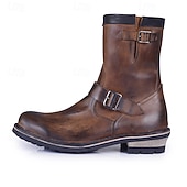 abordables Botas de cuero de primera calidad-Botas de cuero marrón de media pantorrilla para hombre: calzado retro de motociclismo de piel de vaca auténtica con correa de hebilla para estilo motero y uso informal al aire libre.