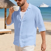 preiswerte Baumwoll-Leinenhemd-Herren Hemd Leinenhemd Freizeithemd Knopfhemd Baumwollhemd Einfach Urlaub Hawaiianisch Schwarz Weiß Gelb Marineblau Langarm Revers Frühling Herbst Bekleidung