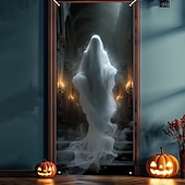 Halloween Door Covers Ghost Castle Stairway Tapestry Door Curtain Decoration, Spooky Haunted Backdrop Door Banner for Front Door Indoor Outdoor Halloween Party Home Decor3