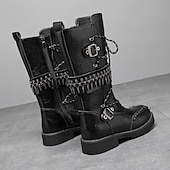 cheap Biker Boots-Men's Punk Gothic Combat Boots – Black Lace-Up Mid-Calf Boots with Buckle Straps, Spiked Studs, and Heavy Duty Sole for Halloween, Cosplay and Nightlife Parties