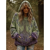  Kvinnenes 3D Print Vintage Boho Hoodie Patchwork Hoodie Sweatshirt Blomster Viking Pullover Sweatshirt Blomster Grafikk Vintage Casual Langermet Hettegenser Gate Print Frontlomme Grønn Vår Høst Vinter