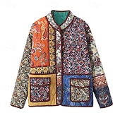 billiga Quiltade pufferjackor-Dam Pufferjacka Quiltad jacka Vardaglig jacka Bekväm Andningsfunktion Ficka Knappar Ledigt Blommig Semester Gata Ledigt Dagliga kläder Enkelknäppt Kort Hög krage Normal Långärmad Ytterkläder Gul