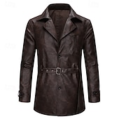 billiga Trenchcoat för män-Herr Rock Trenchcoat Lång trenchcoat Semester Dagligen Vår Höst PU Läder Vindtät Ytterkläder Kläder Mode Klassisk Slät Ficka Kavajslag Enkelknäppt