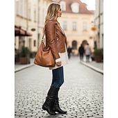levne Slouch Boots-dámské černé kozačky pod kolena - ležérní kozačky z umělé kůže na plochém podpatku na podzim a zimu